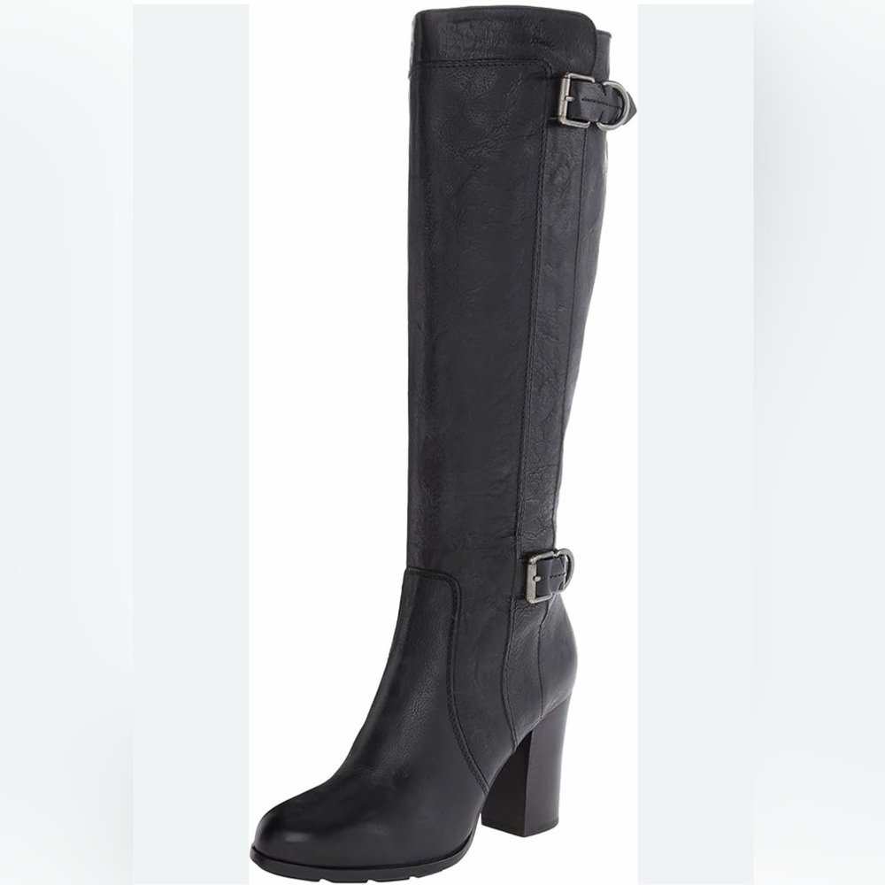 FRYE $350 Black Leather Heeled Knee-high Buckles Inside Zipper‎ Boots Sz 5.5 EUC
